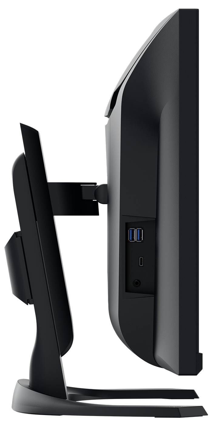 Černý počítačový monitor pohledem z boku zobrazuje dva USB porty a jeden port pro sluchátka na zadní straně.
