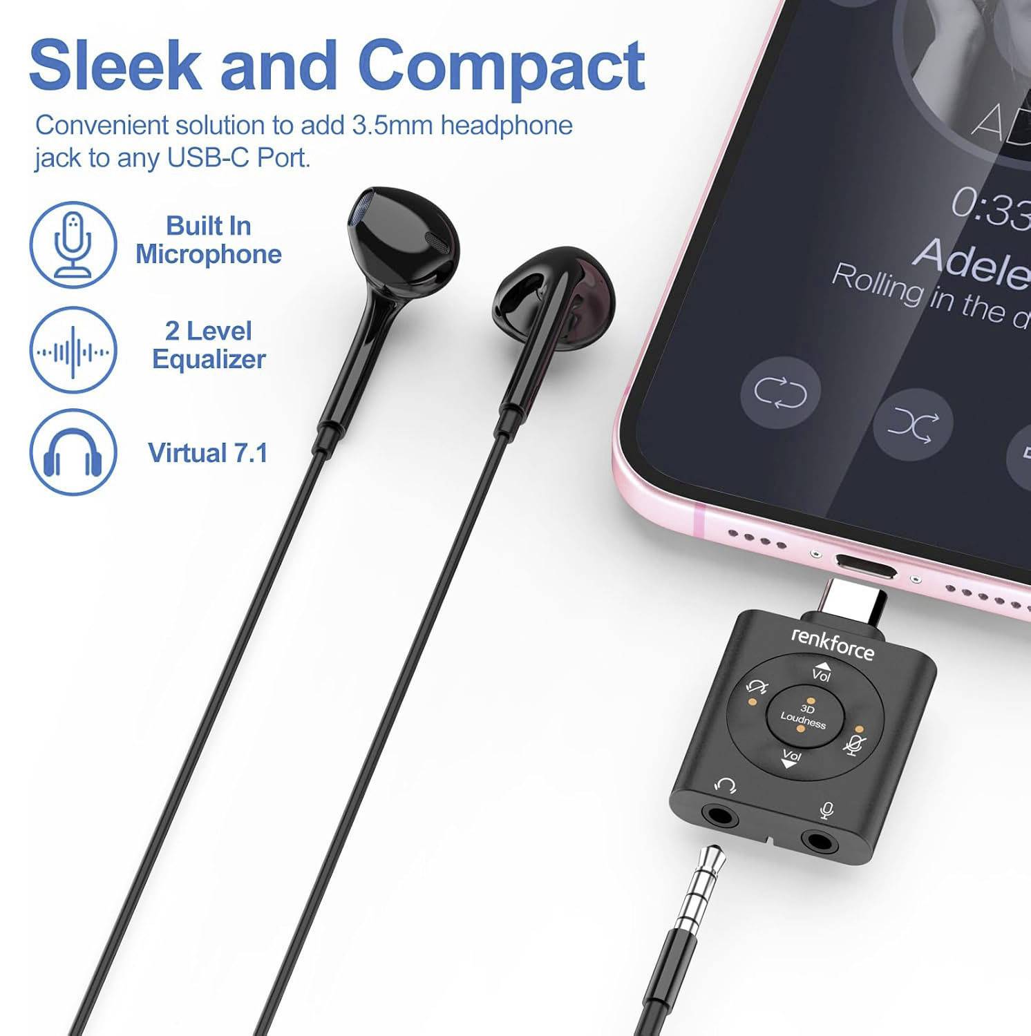 Kompaktní USB-C adaptér s 3,5mm konektorem pro sluchátka, vestavěným mikrofonem a dvoustupňovým ekvalizérem, připojený k mobilnímu telefonu.