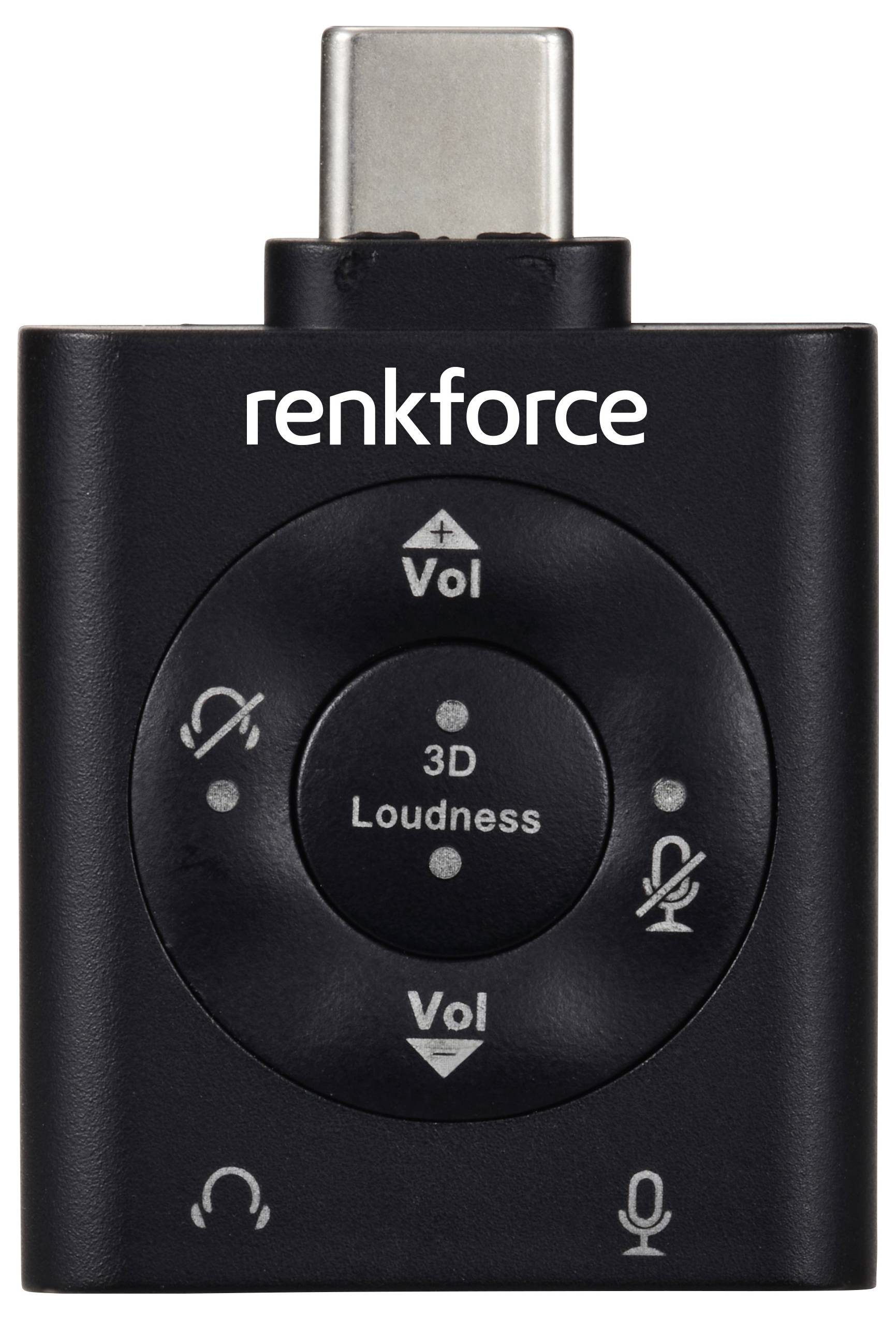 Černý USB-C audio adaptér od Renkforce s ovládáním hlasitosti, 3D loudness tlačítkem a konektory pro mikrofon a sluchátka.