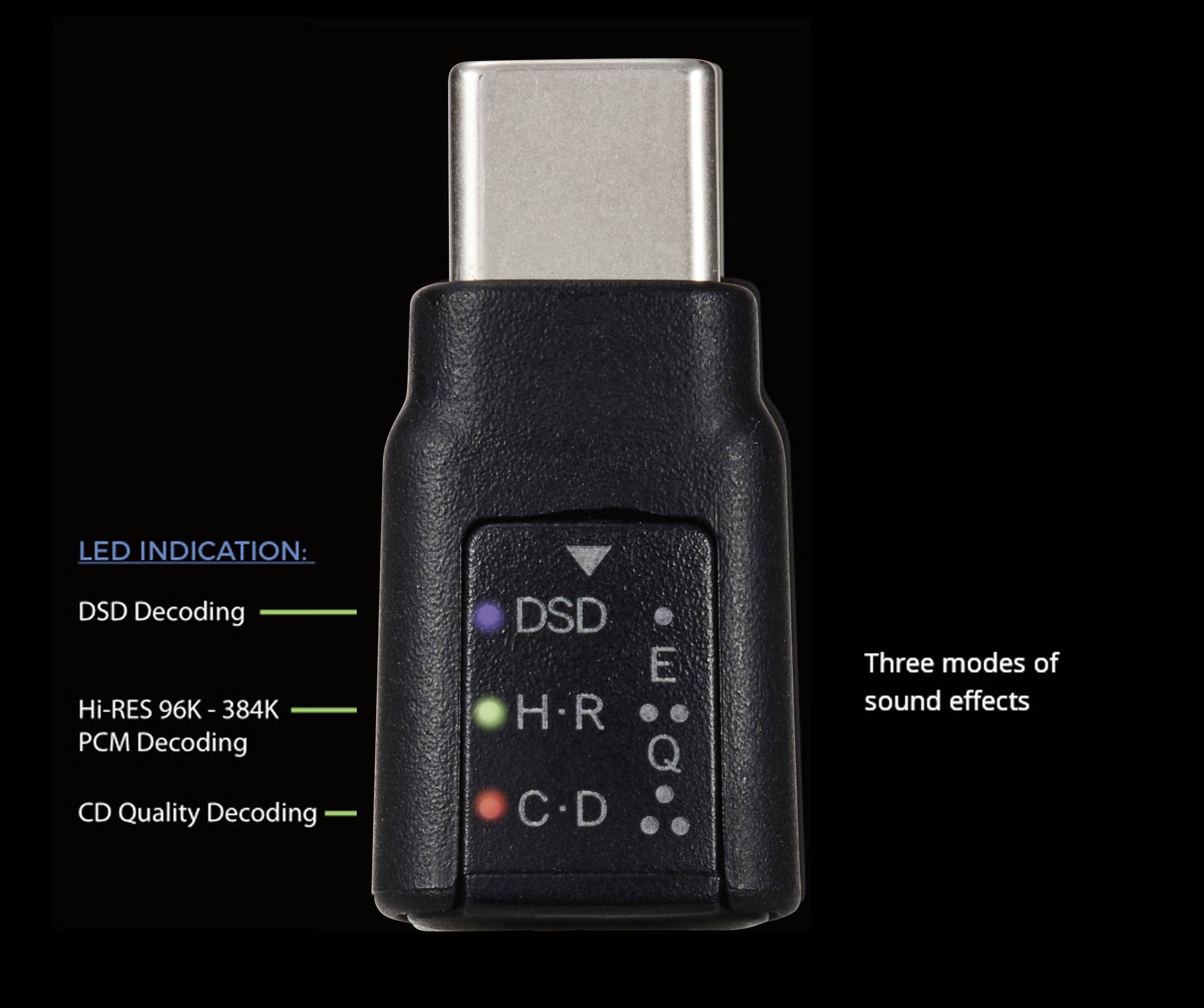 Obrázek ukazuje USB-C audio adaptér se třemi módy: DSD, Hi-Res PCM a CD kvalitou. LED indikátory zobrazují aktivní mód.