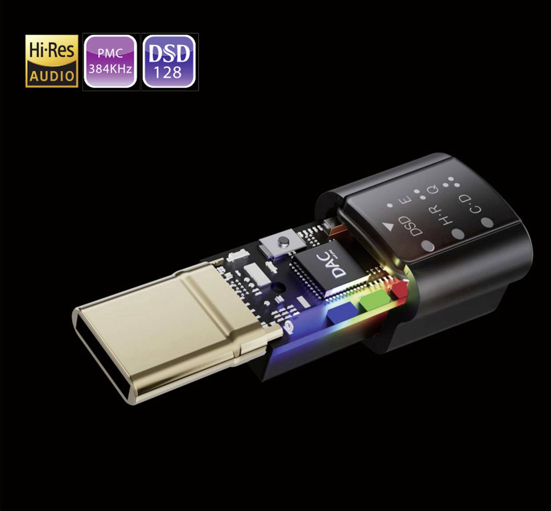USB DAC s otevřeným krytem zobrazuje vnitřní obvody a LED indikátory. Nad nimi se nacházejí loga formátů a kvality audia.