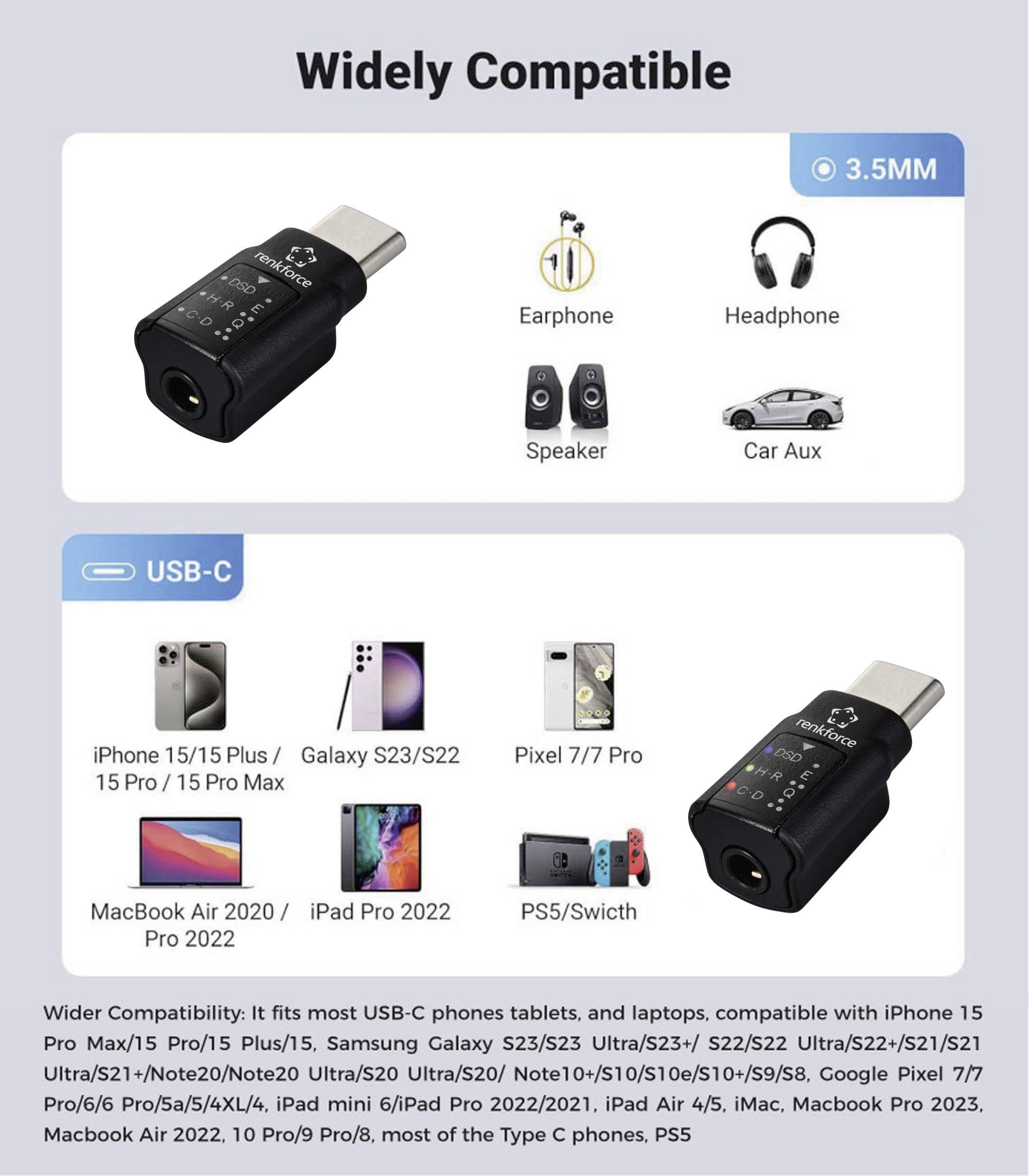 Adaptér je velmi kompatibilní se zařízeními s USB-C, jako jsou iPhone, Samsung Galaxy, Pixel, MacBook Air/Pro a PS5. Podporuje audio přes 3,5 mm jack.