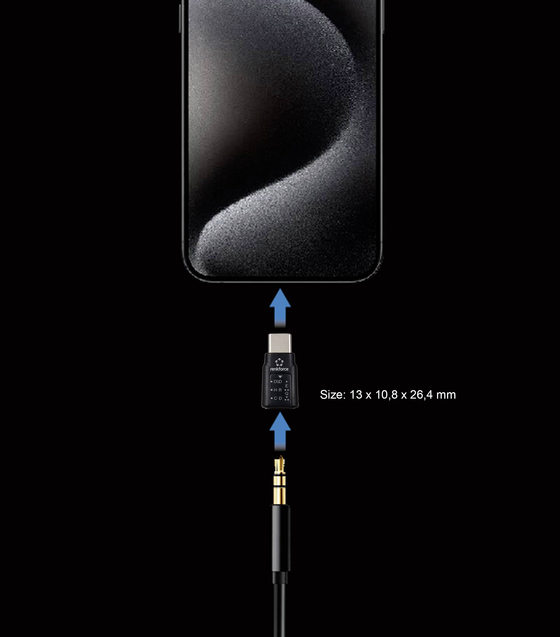 Smartphone připojené adaptérem a audiokabelem. Adaptér má rozměry 13 x 10,8 x 26,4 mm.