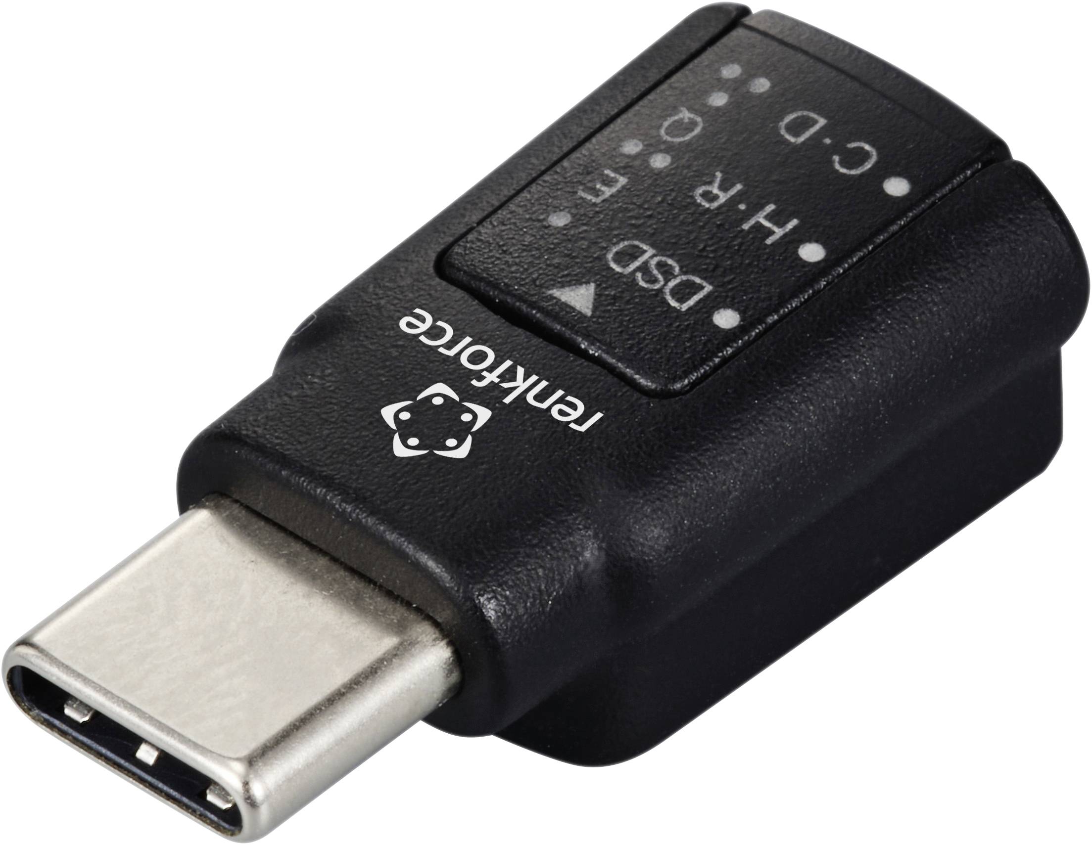 Černý USB-C adaptér s popisky pro různé funkce: C-D, H-R, E a DSD. Používán pro různé možnosti připojení.