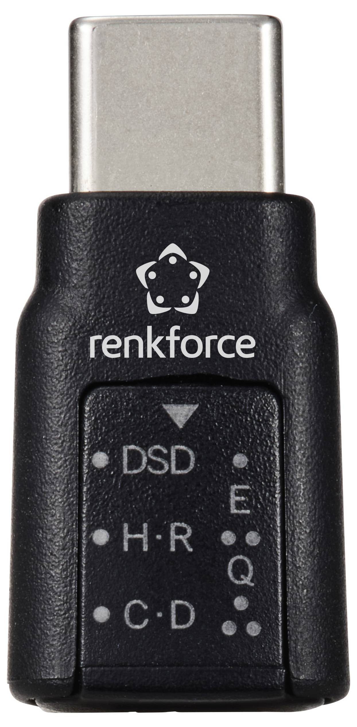 'Renkforce USB-C adaptér s různými provozními módy indikovanými LED diodami pro DSD, E, H a C-D.'