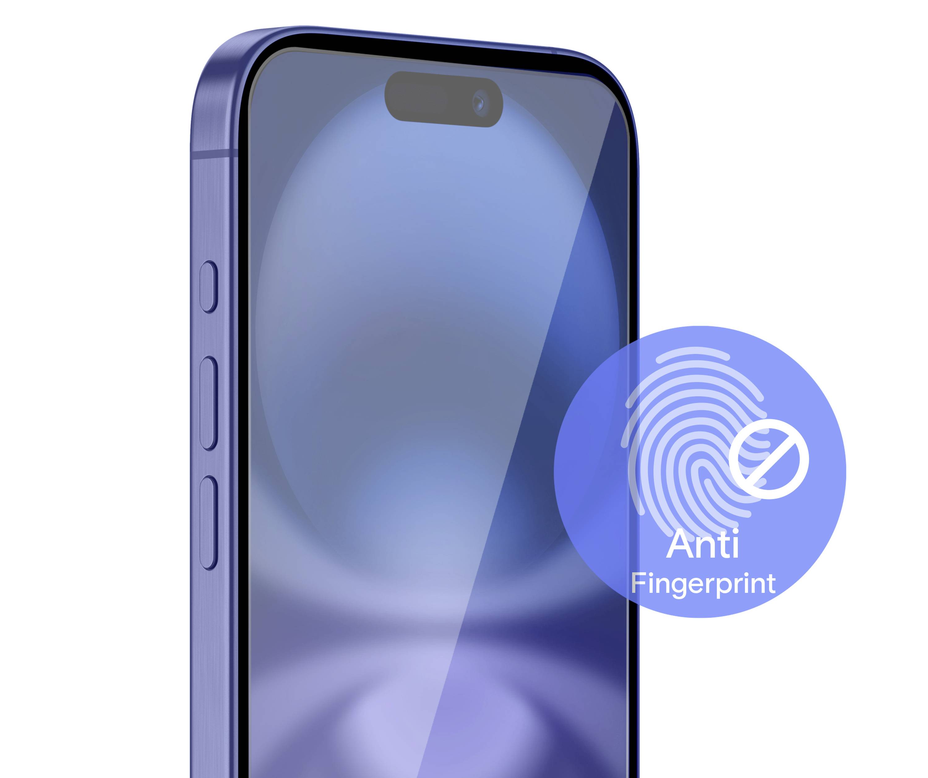 Modré smartphone s bočními tlačítky. Na displeji je symbol proti otiskům prstů s nápisem 'Ochrana proti otiskům prstů'.