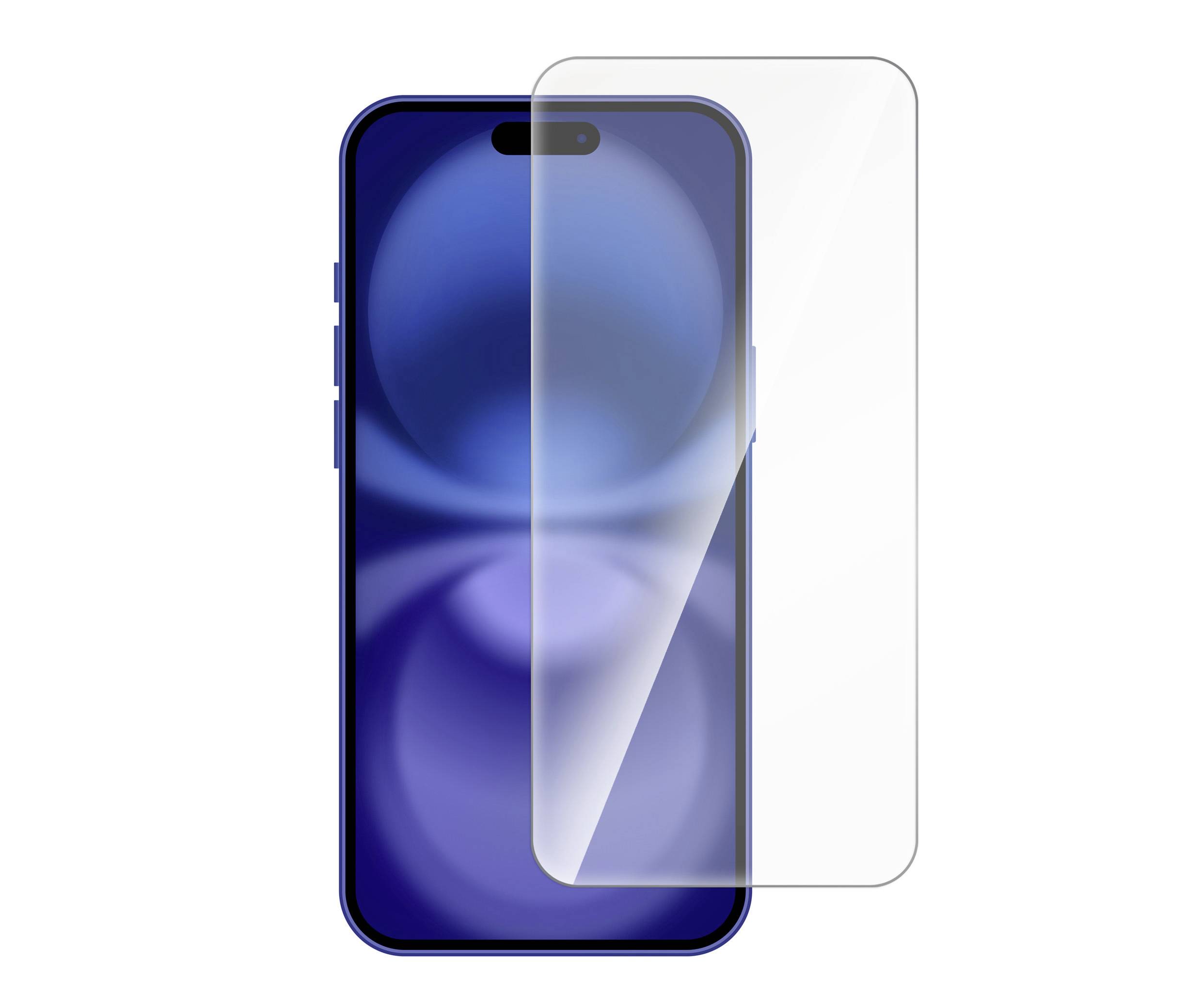 Smartphone s ochranným sklěným krytem displeje, postavené na výšku, modrém pozadí obrazovky.