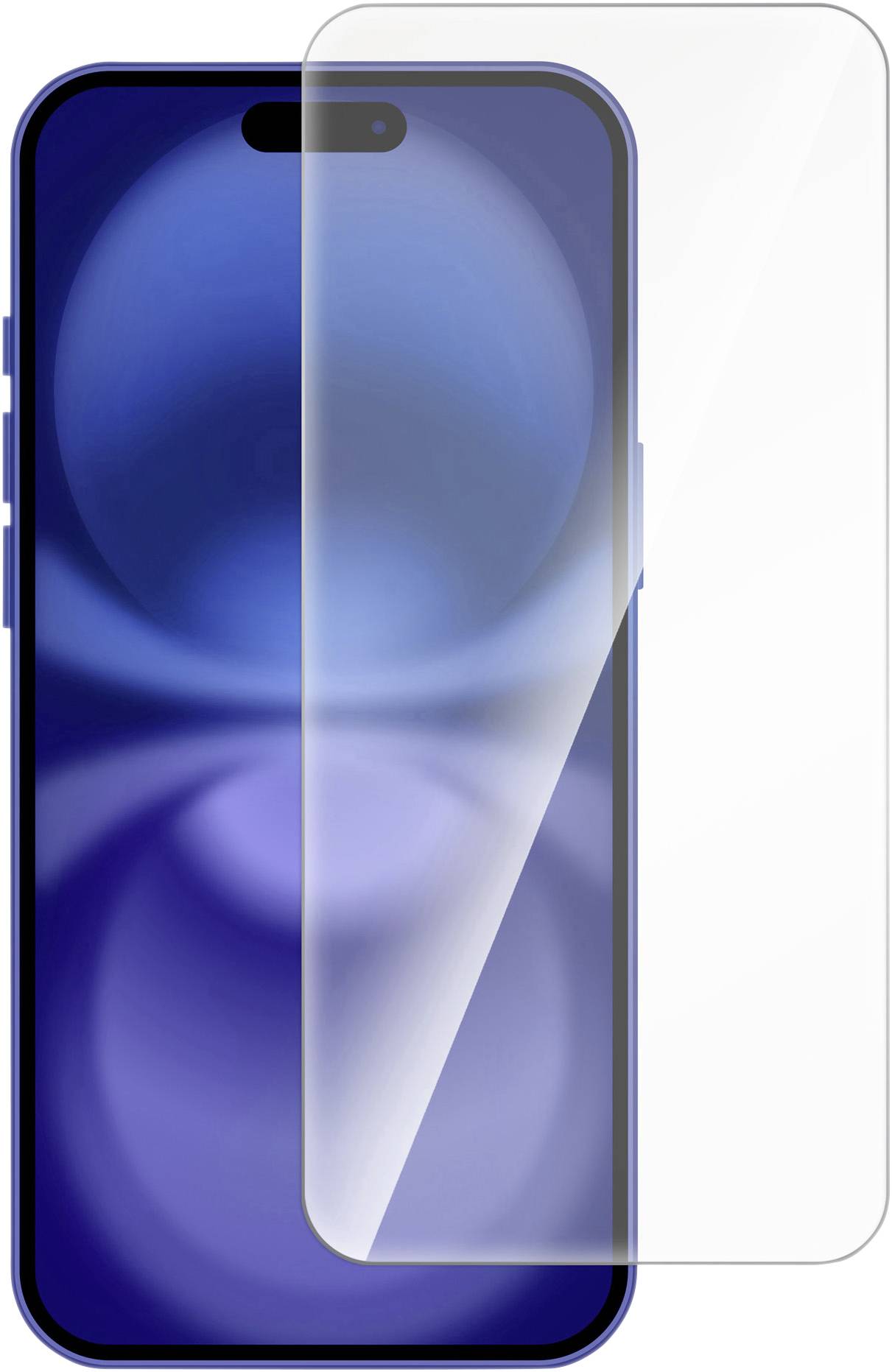 Smartphone s modrým displejem a skleněnou ochranou obrazovky, která je přes displej nasazena.