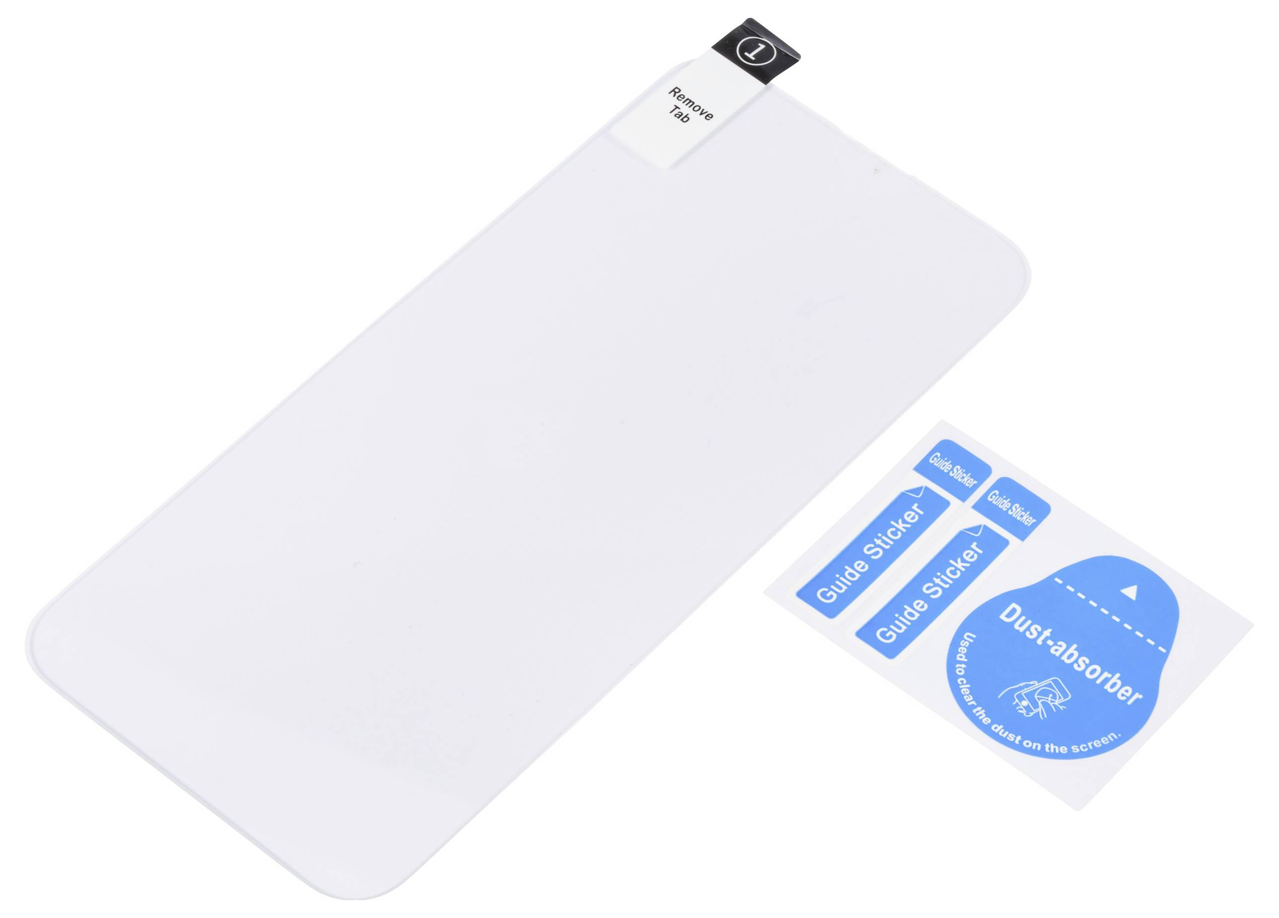 Sada ochranné fólie s průhlednou folií a modrými stírkami na prach pro obrazovky smartphonů, zobrazená na bílém pozadí.