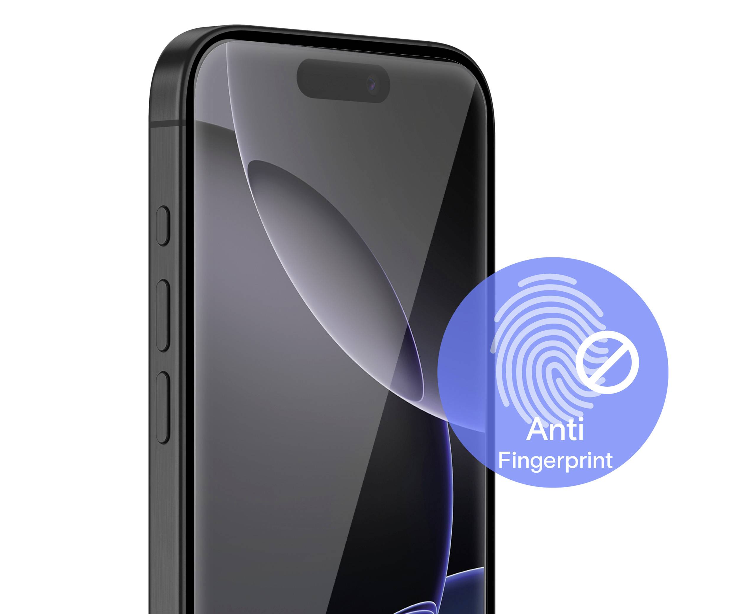 Černý smartphone s ohraničeným displejem zobrazuje symbol s otiskem prstu a textem 'Anti Fingerprint'.