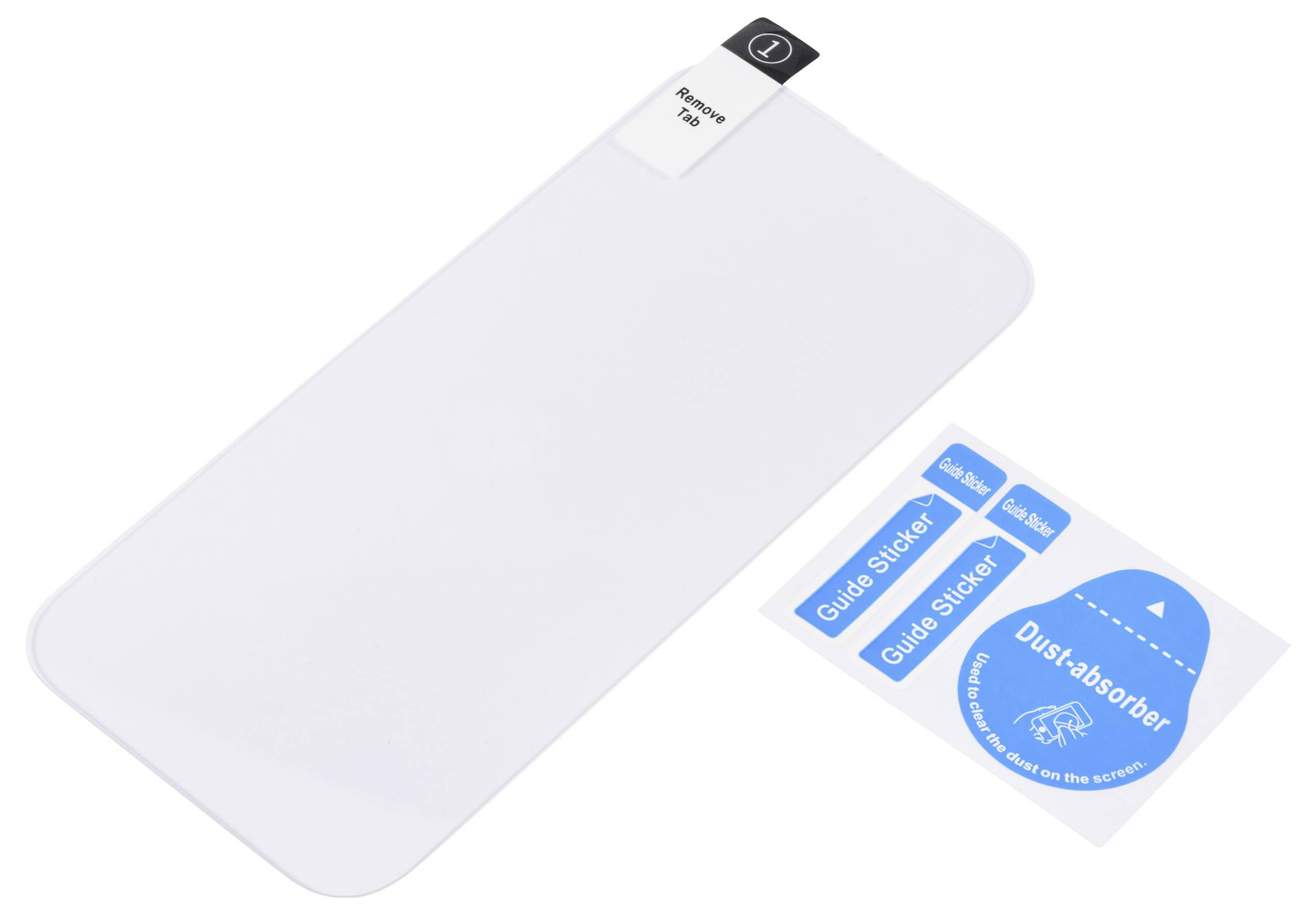 Průhledná ochranná fólie na telefon s připravenou sadou modrých nálepek 'Průvodce instalací' a 'Lapač prachu' vedle ní, připravená k nalepení.
