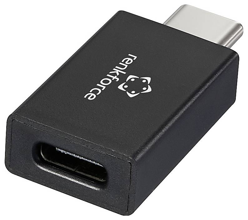 USB-C adaptér značky Renkforce, umožňující připojení zařízení s USB-C, obdélníkový, černý, s kovovým stříbrným konektorem.