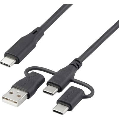 Trojitý USB kabel: Jeden kabel s konektory USB-C, Micro-USB a USB-A, který lze použít s různými zařízeními.