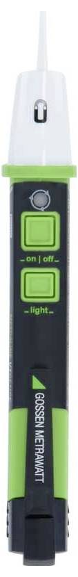 Zeleno-černý zkoušeč napětí s bílým senzorem na špičce a dvěma podsvícenými tlačítky s popisky 'on/off' a 'light'.