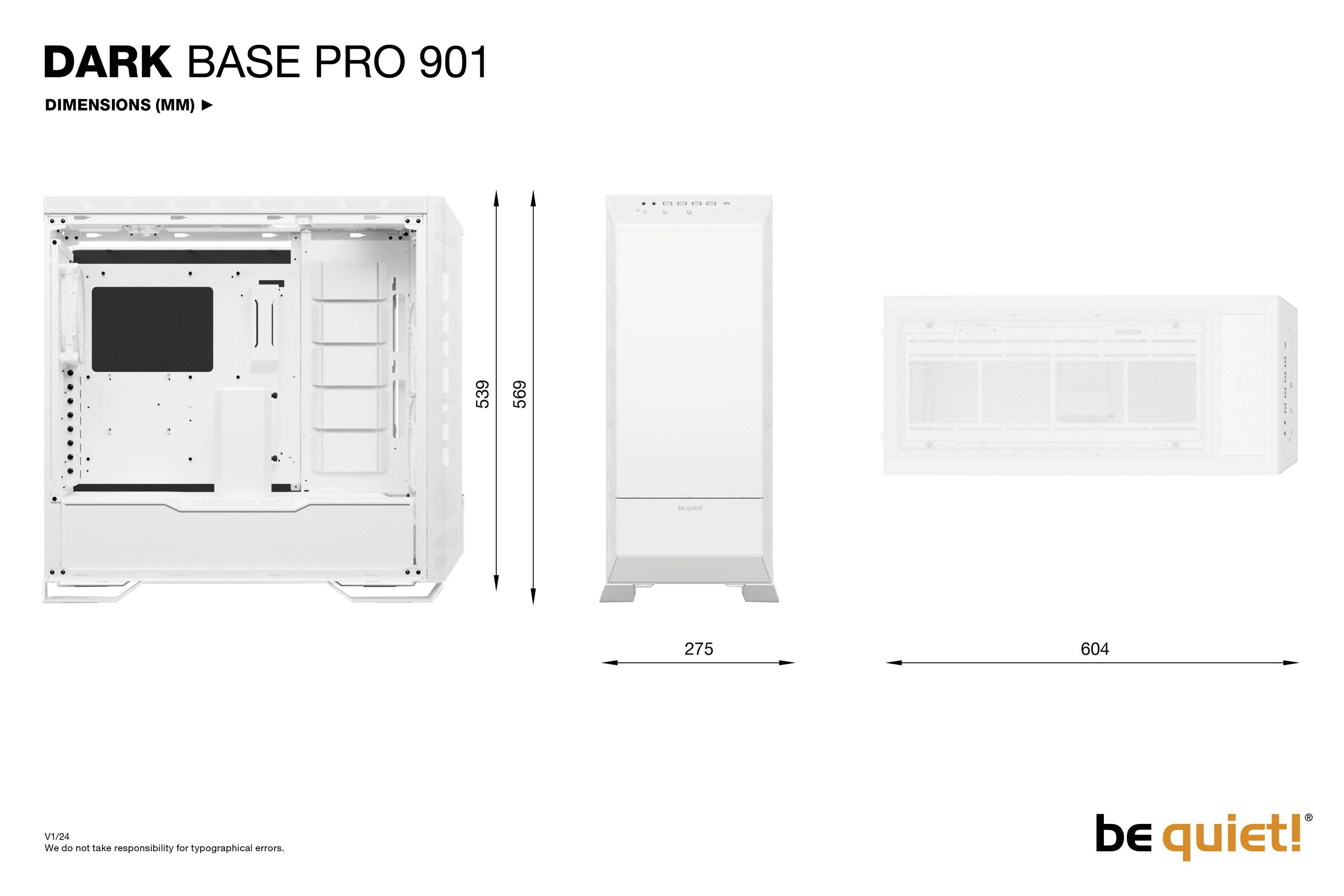 Skříň Dark Base Pro 901 v bílé barvě. Rozměry: 609 mm výška, 275 mm šířka, 604 mm hloubka. Výrobce: be quiet!