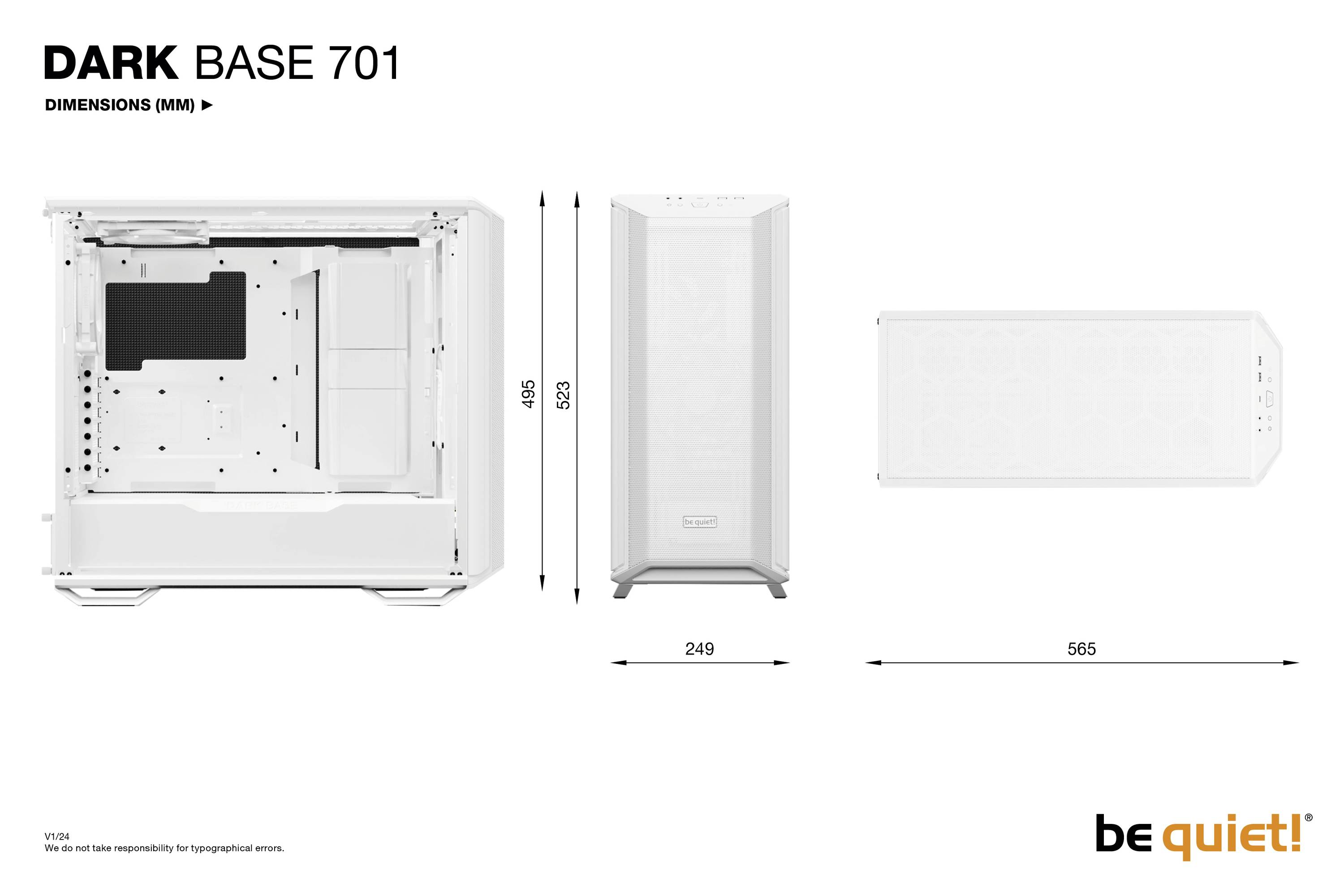 Bílý počítačový větrací box s rozměry: šířka 249 mm, výška 450 mm, hloubka 565 mm. Označený nápisem 'Dark Base 701'. Firemní logo v pravém dolním rohu.