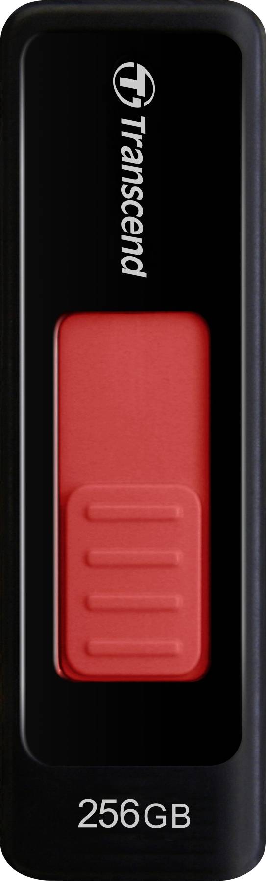 Černý USB flash disk od společnosti Transcend s červeným posuvným ovladačem a kapacitou 256 GB.