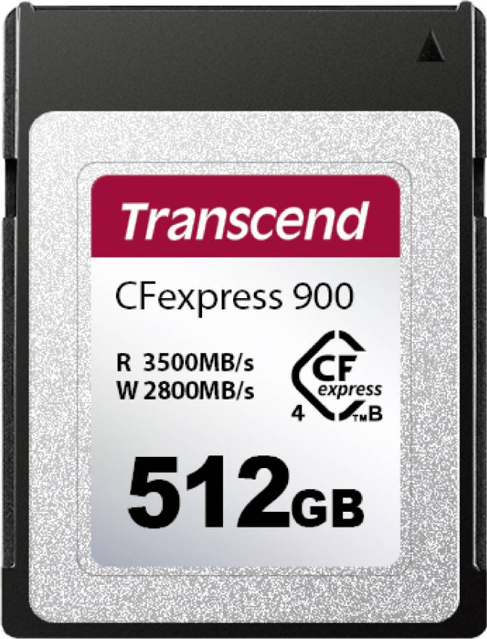 Transcend CFexpress karta, 512GB, rychlost čtení 3500MB/s, rychlost zápisu 2800MB/s.
