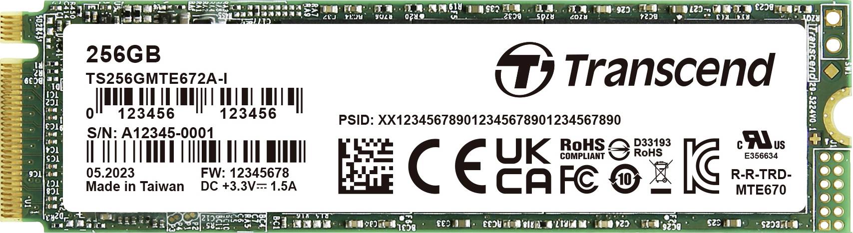 256GB Transcend SSD, model číslo TS256GMTE672A, s technickými detaily a certifikačními symboly na bílém štítku.