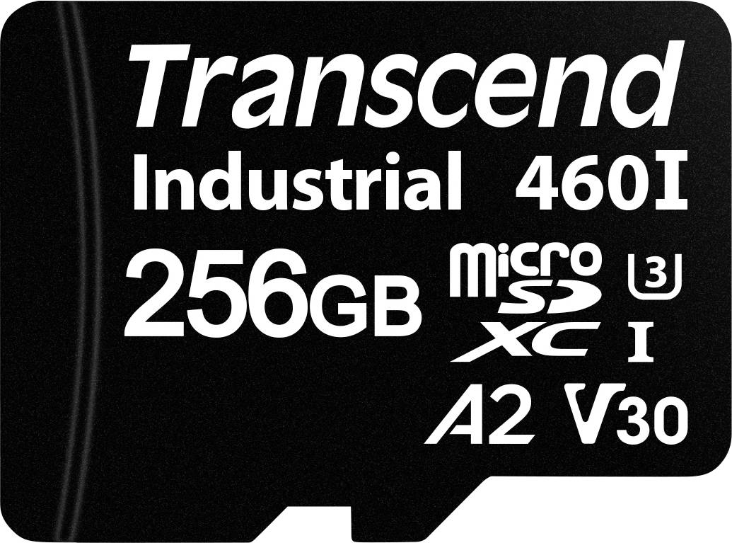 Černá mikro SD karta značky 'Transcend Industrial 460I' s kapacitou 256 GB a označeními 'microSDXC UHS-I U3 A2 V30'.
