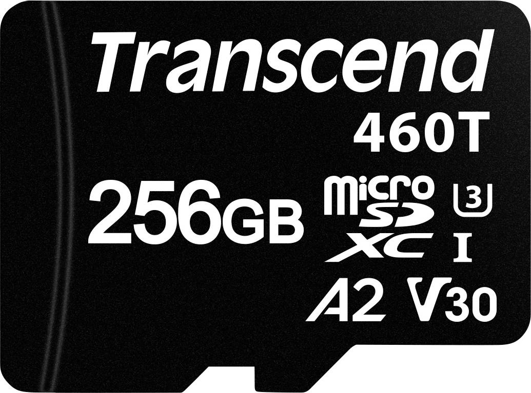 Černá paměťová karta Transcend microSD s nápisem '256GB', '460T', 'microSD XC I UHS-I U3', 'A2', 'V30' v bílém textu.