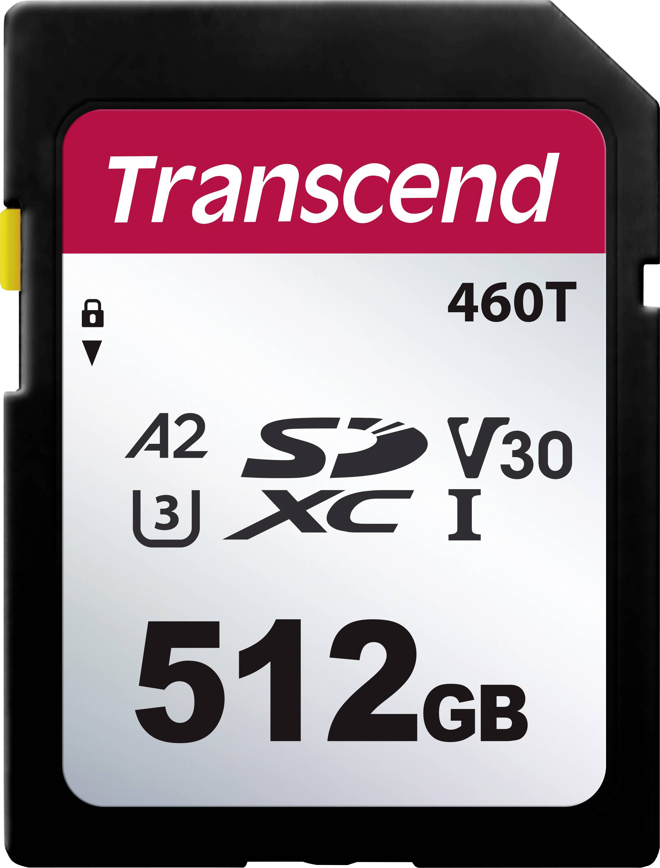 Paměťová karta SD od Transcendu, model 460T, 512 GB. Podporuje výkon A2, U3, V30, SDXC-I. Černý design s červeným a bílým štítkem.