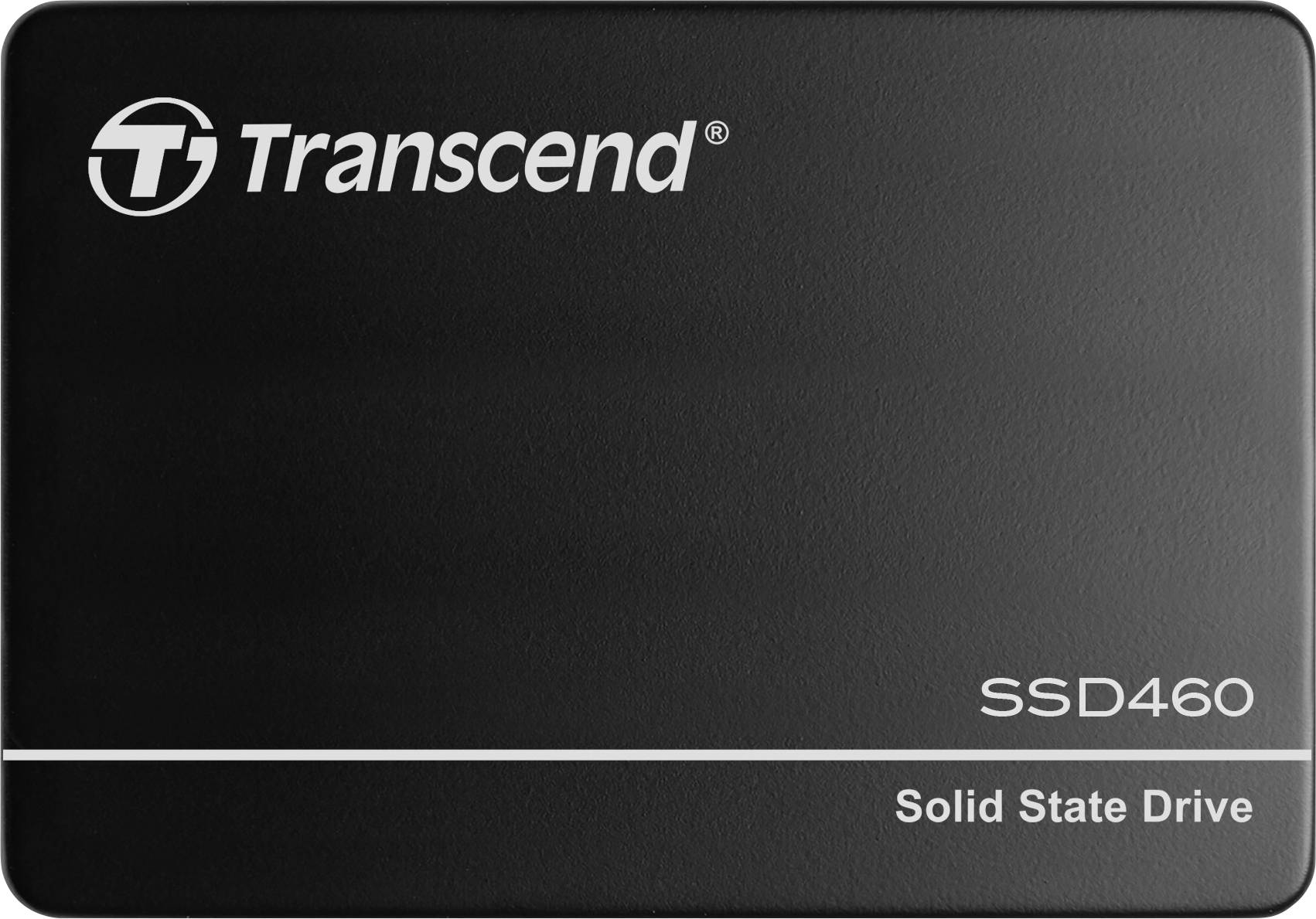 Černý Transcend SSD460 Solid State Drive s bílým firemním logem a modelovým označením v bílé barvě.