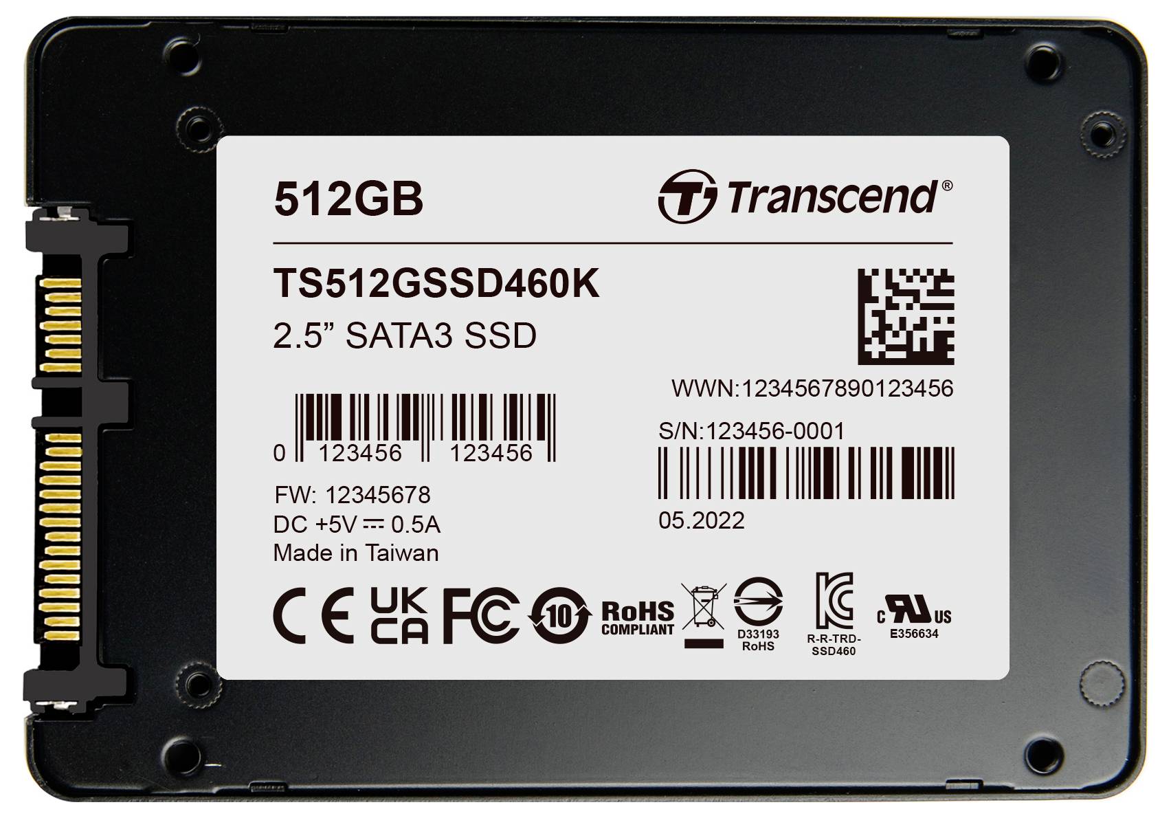 Externí SSD od Transcendu s kapacitou 512 GB, 2,5" SATA3. Obsahuje štítky s číslem modelu, sériovým číslem a elektrickými specifikacemi.