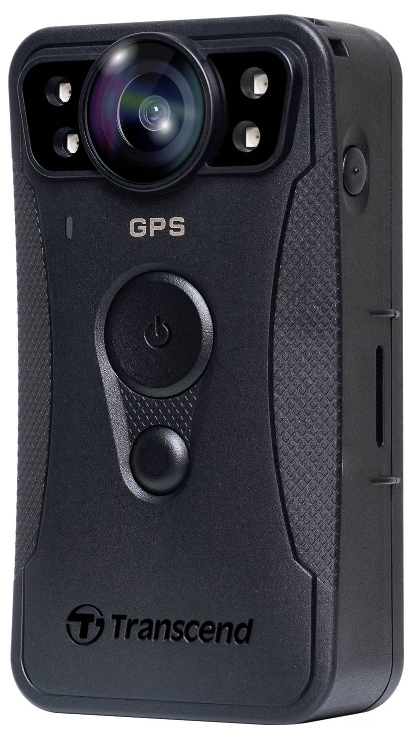 Černý přenosný fotoaparát s wide-angle objektivem a GPS funkcí, označený logem společnosti Transcend.