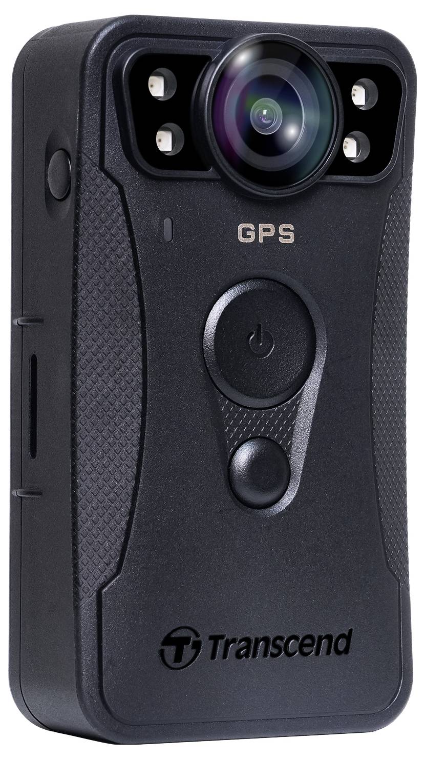 Černá kamera Transcend s GPS funkcí, objektiv uprostřed nahoře, pod ním vypínač.
