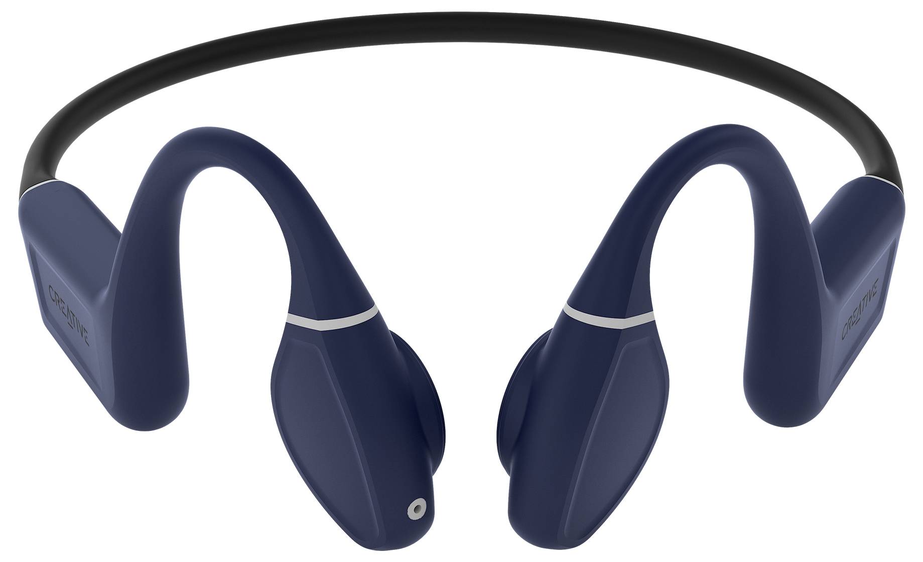Modré bezdrátové sluchátka s náhlavním obloukem, vhodné pro sportovní aktivity. Lehký a ergonomický design.
