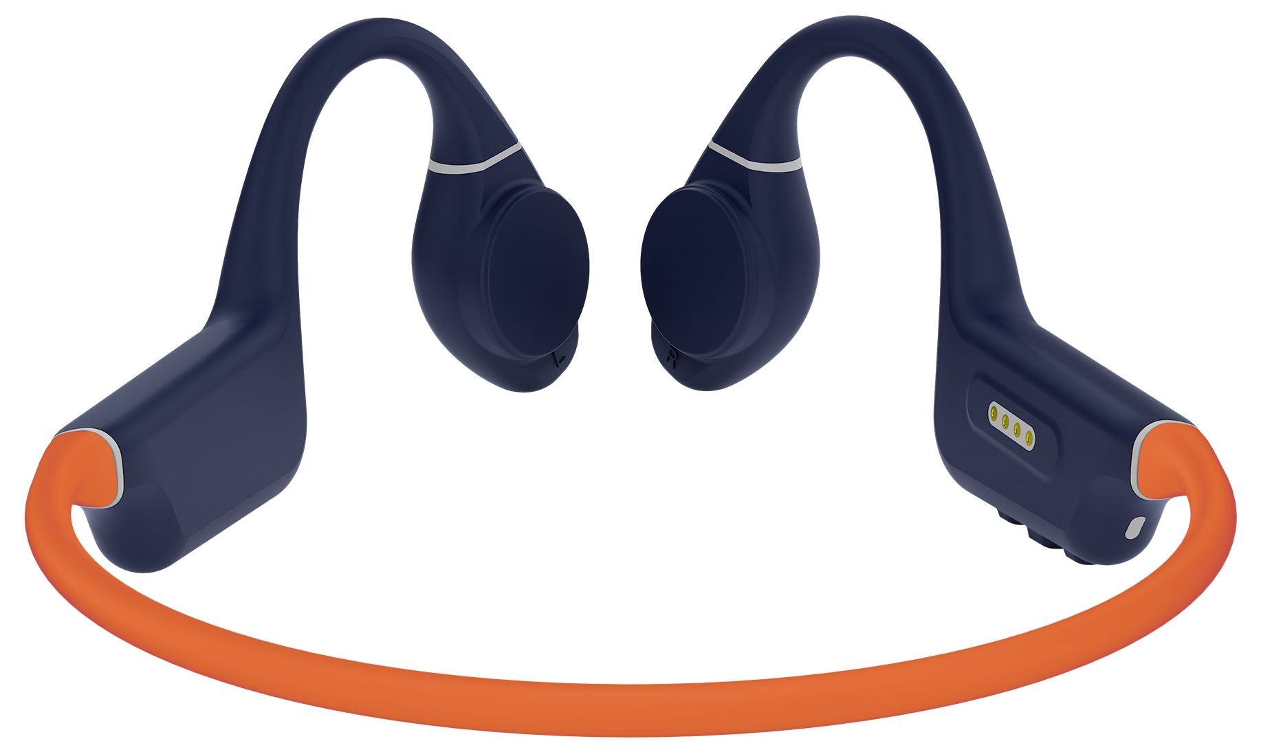 Tmavě modré kostní sluchátka s oranžovou šňůrkou na krku ukazují bezdrátový sportovní design.