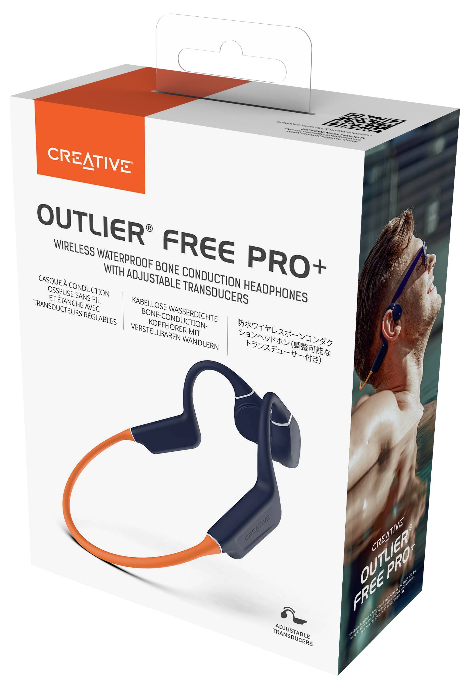Balení bezdrátových sluchátek s kostním vedením 'Creative Outlier Free Pro+'. Na obrázku: sluchátka a muž cvičící v pohybu.