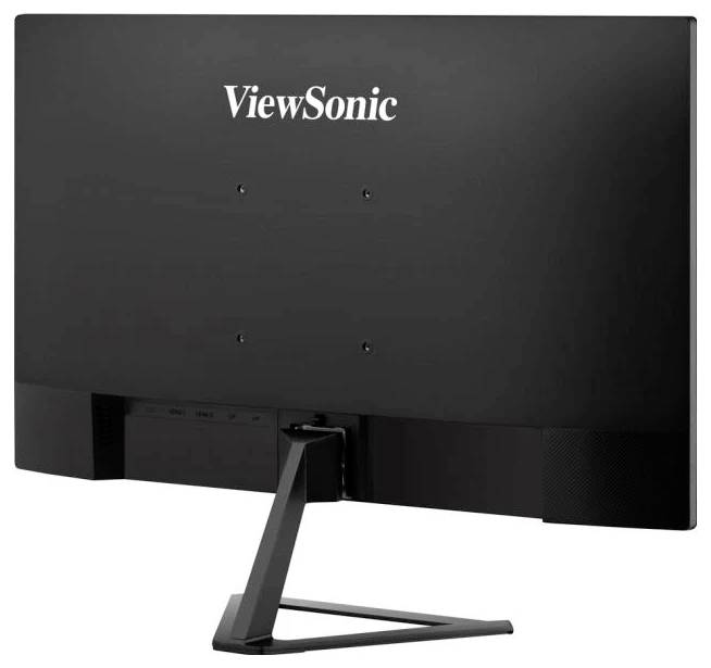 Pohled zezadu na monitor s logem ViewSonic. Černý stojan stabilizuje obrazovku. Minimalistický design bez dalších detailů.