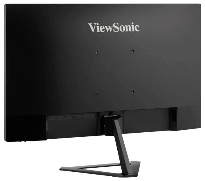 Černý monitor ViewSonic pohledem zezadu s jednoduchým stojanem a centrálně umístěným firemním logem.