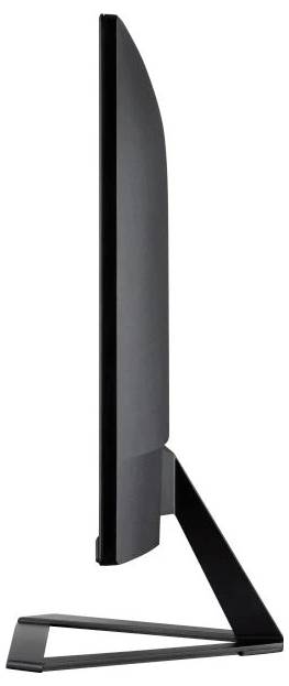 Boční pohled na moderní černý počítačový monitor s elegantním štíhlým designem na subtilním podstavci.