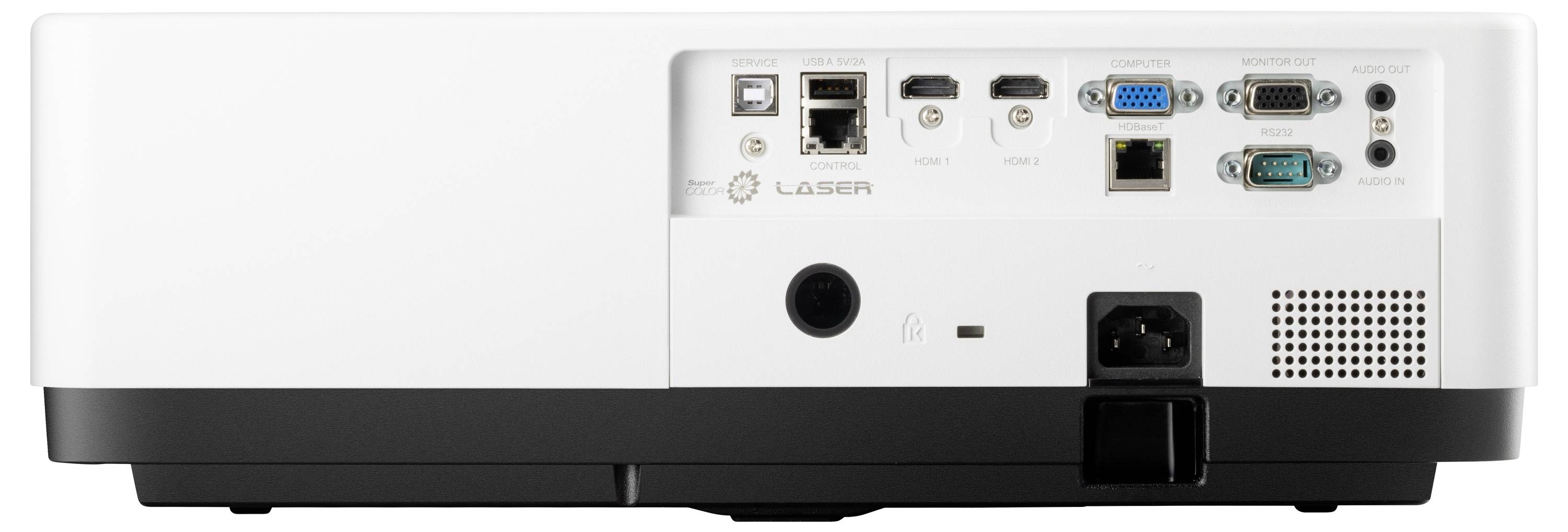 Zadní strana projektoru s různými možnostmi připojení, včetně portů VGA, DVI, HDMI, USB a síťového připojení.