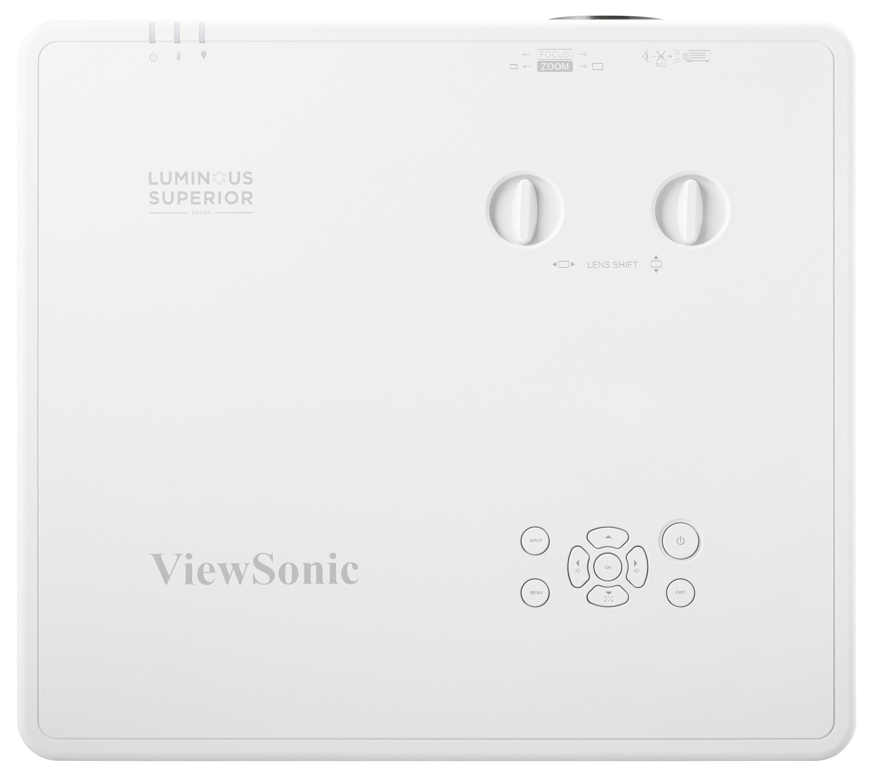 Bílý projektor značky ViewSonic s ovládacími tlačítky a dvěma otočnými knoflíky na horní straně pro nastavení a posun čočky.