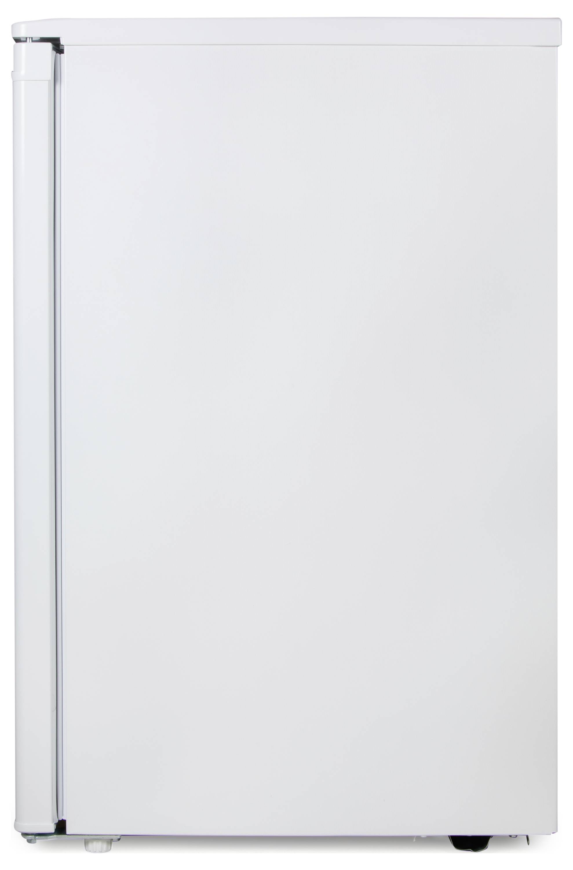 Bílá volně stojící lednice s minimalistickým, moderním designem před neutrálním pozadím.