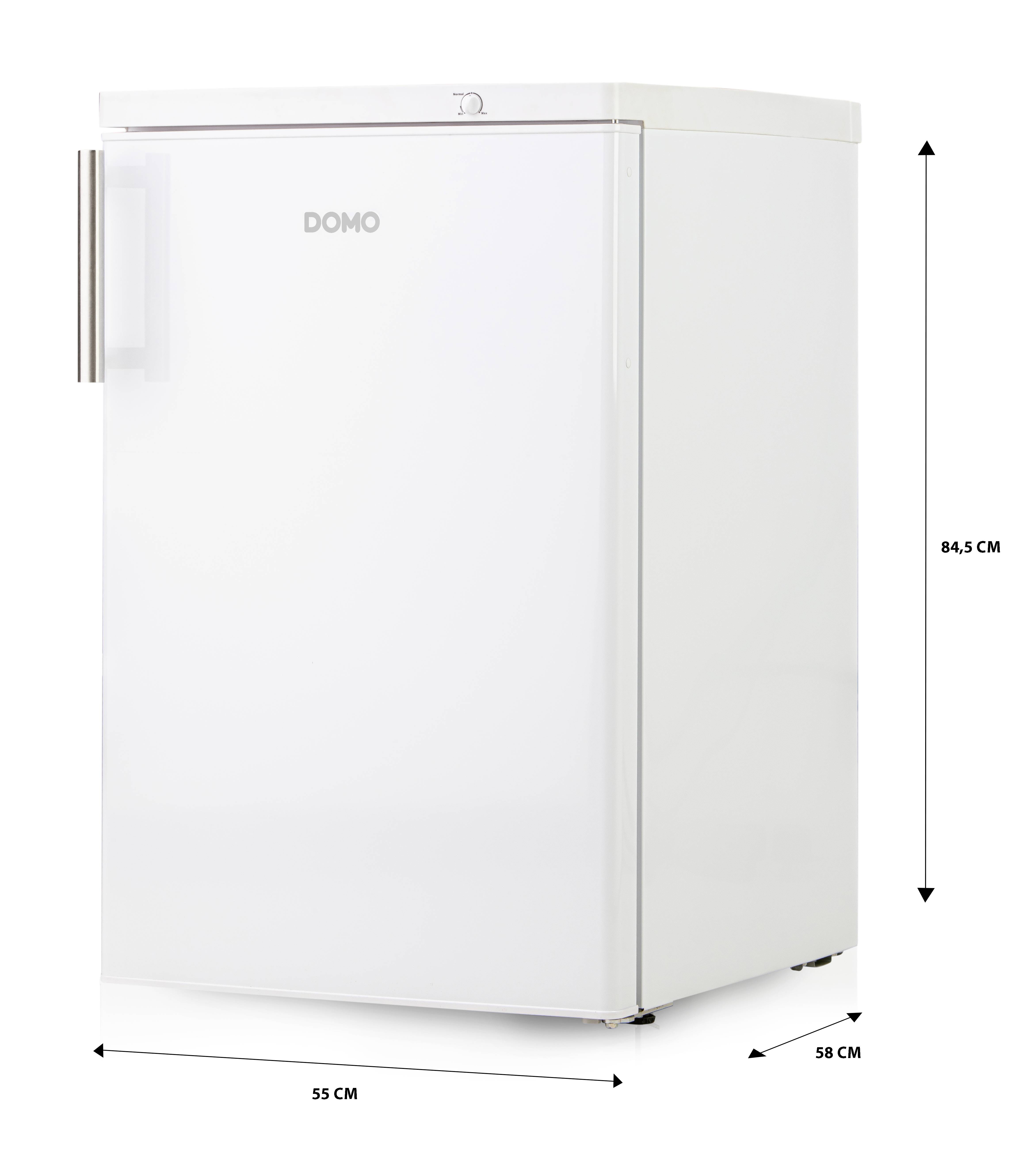 Bílá lednice s madlem vlevo, označená jako 'DOMO'. Rozměry jsou 84,5 cm výška, 55 cm šířka a 58 cm hloubka.