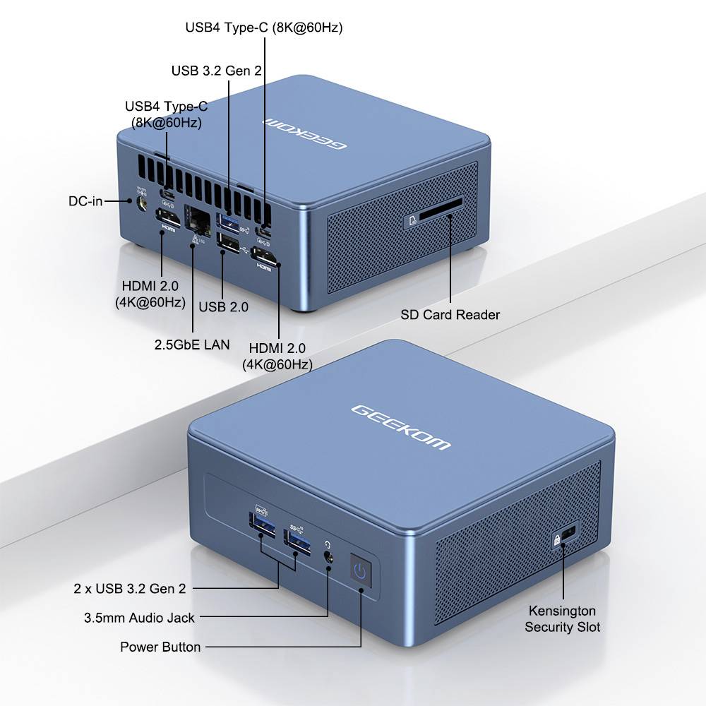 Modrý mini PC s konektory nahoře: 2x USB-C, 2x HDMI, 2.5GbE LAN, čtyři USB porty, čtečka SD karet, síťový vypínač a audio konektor.