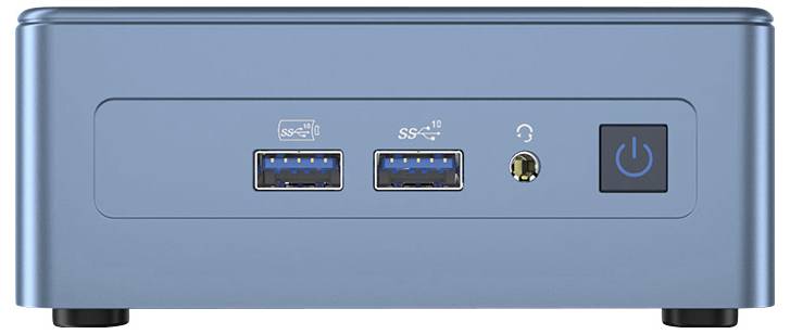 Modrý mini počítač se dvěma USB porty, sluchátkovou zdířkou a zapínacím tlačítkem na přední straně.