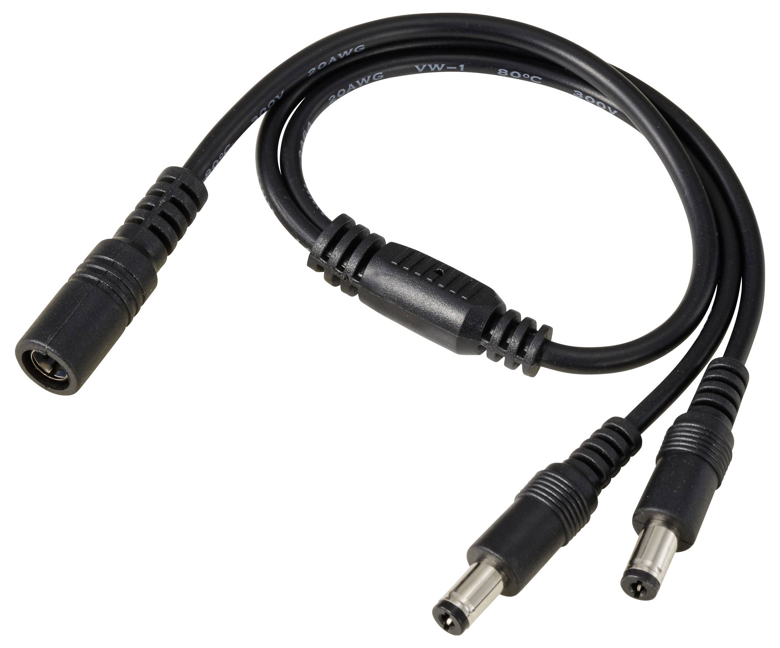 Černý Y-kabel s jednou samičkou a dvěma samečkovými DC konektory, určený pro paralelní distribuci elektrického proudu ke dvěma zařízením.