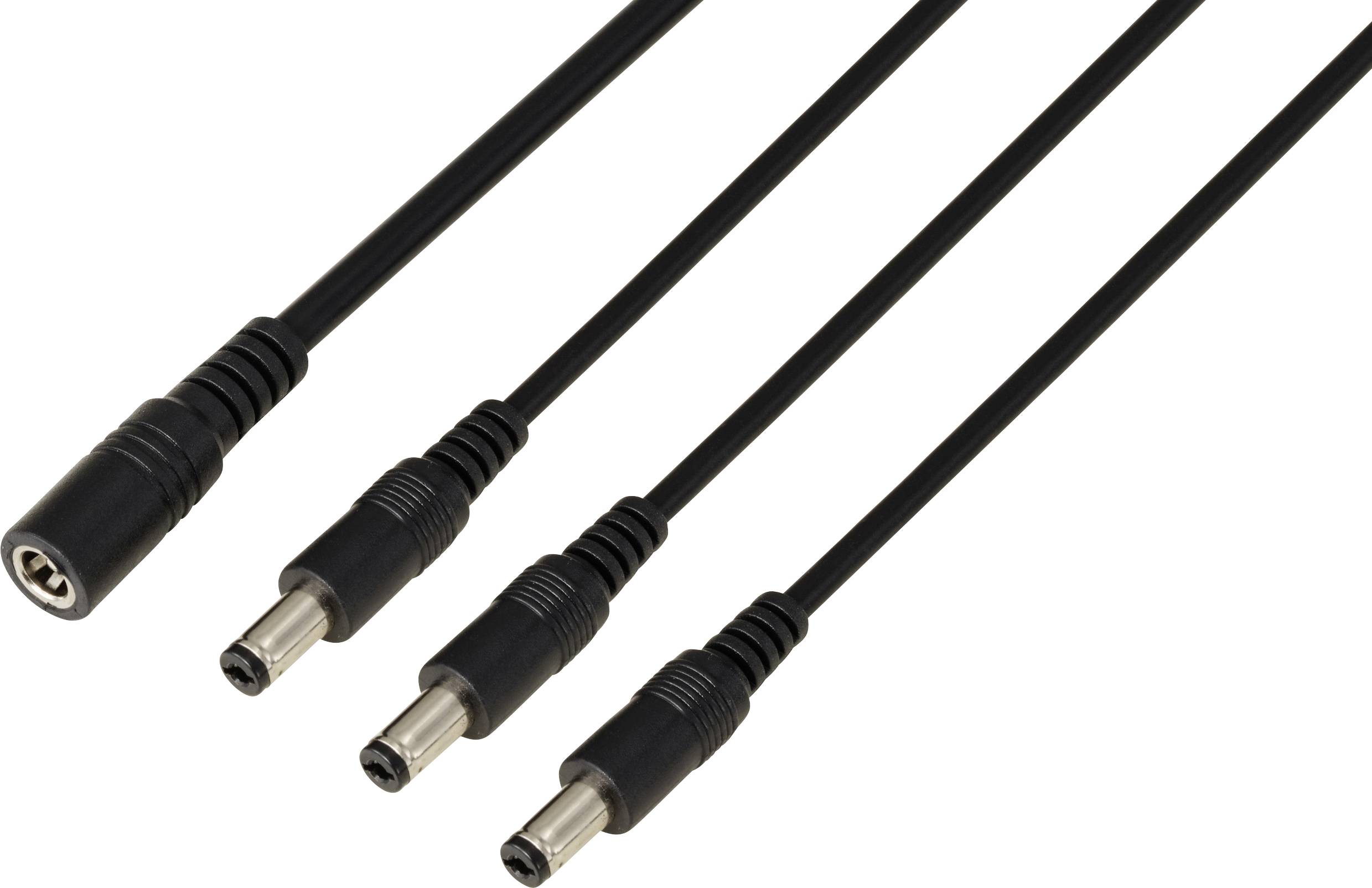 Adaptér jeden kabel na tři: Černý napájecí kabel se rozděluje do tří elektrických výstupů pro distribuci energie.