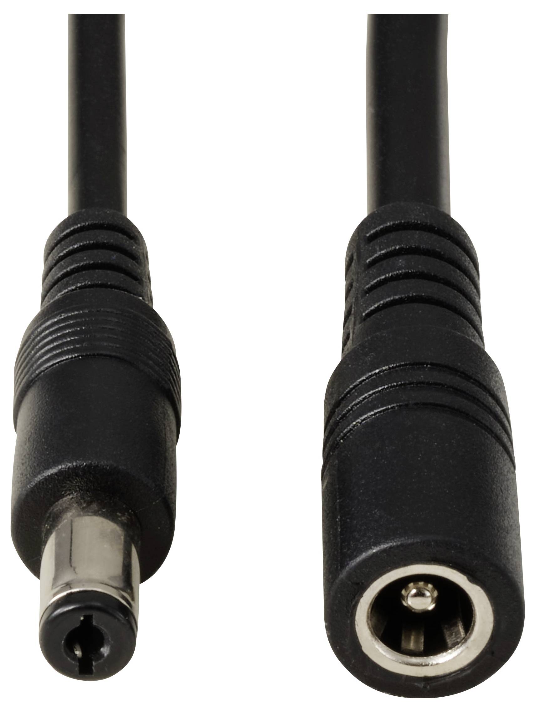 Černý DC napájecí kabel s mužským a ženským konektorem. Kabel slouží k napájení elektronických zařízení.