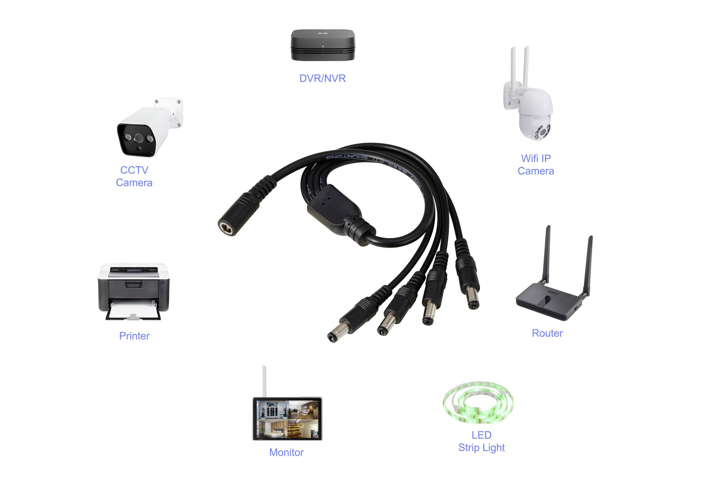 Rozvodný kabel s více výstupy pro připojení kamerových systémů CCTV, tiskáren, monitorů, LED pásků, WiFi IP kamery a routeru.