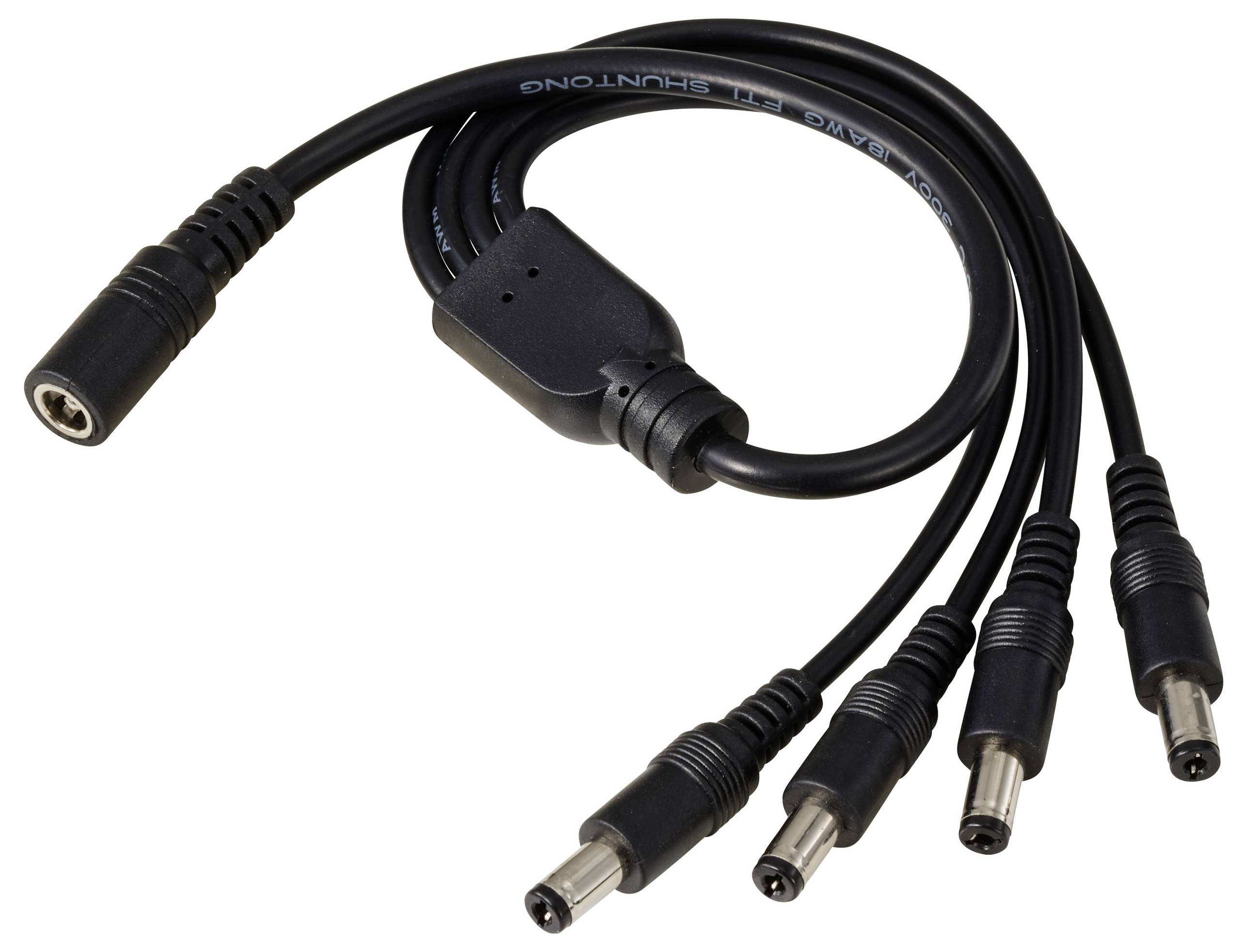 Černý kabel s samičkou, který se rozděluje do čtyř samčích výstupů. Vhodný pro propojení několika zařízení.