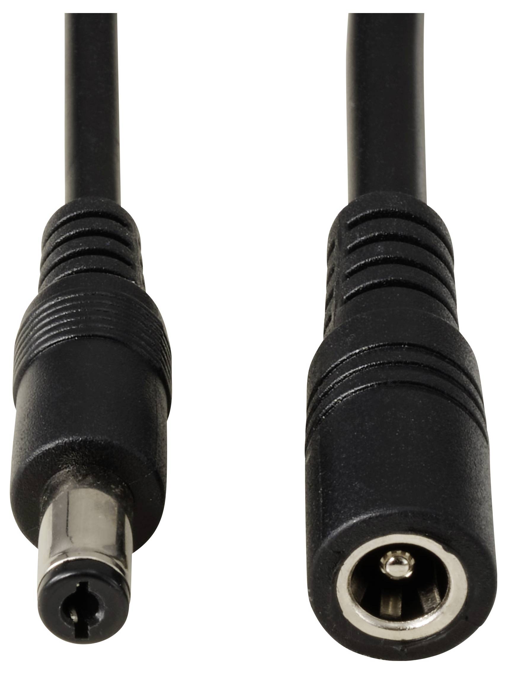 Černý kabel s mužskou a ženskou stejnosměrnou (DC) zástrčkou, vhodný pro napájení elektronických zařízení.