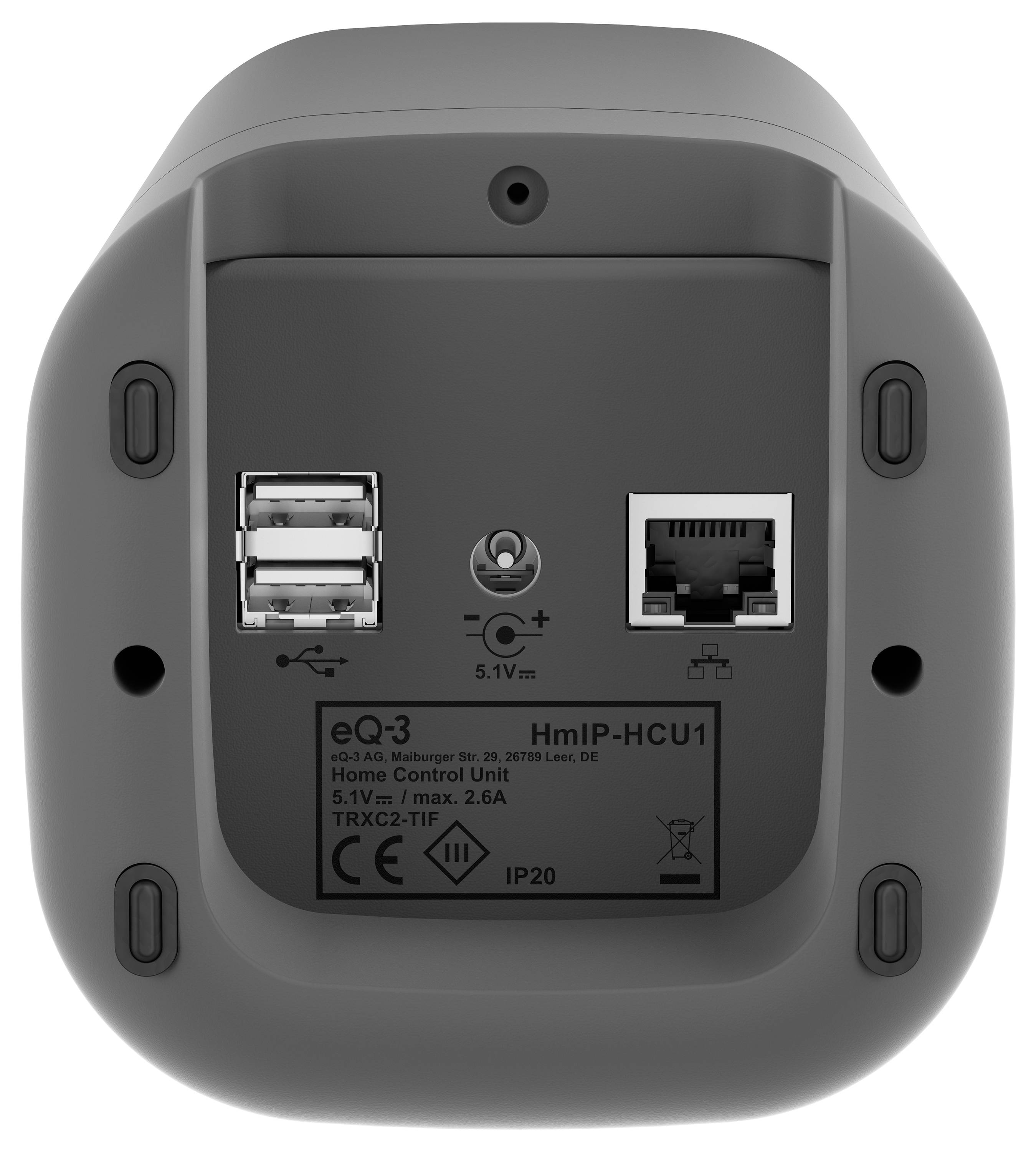 Zadní strana elektronického zařízení s USB a ethernetovými porty, včetně technických specifikací na štítku.