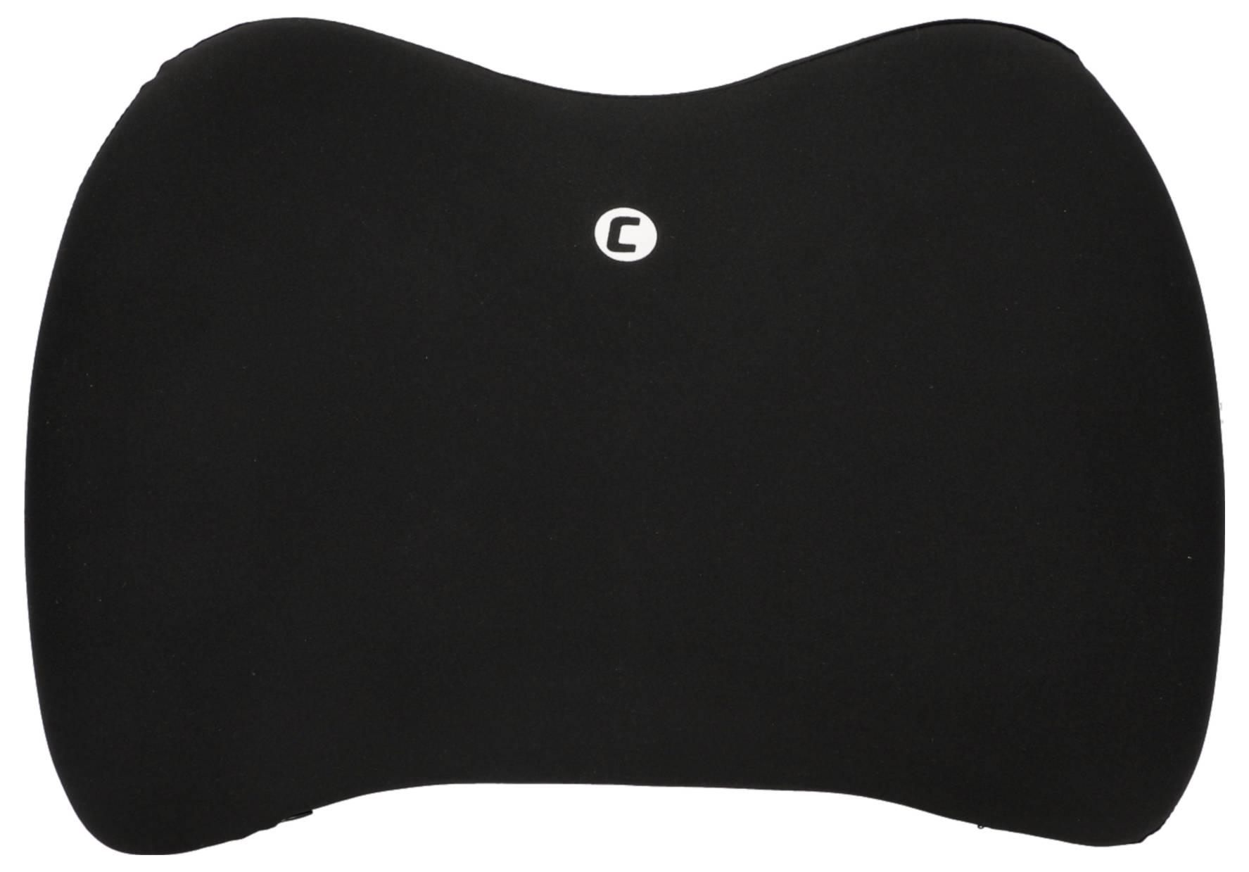 Černý ergonomický bederní polštář s malým bílým logem umístěným uprostřed, který podporuje správné držení těla.